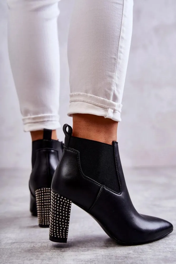 Boto Botki Na Słupku|Czarne Botki*Eleganckie Botki Na Słupku Z Dżetami Czarne Elinor