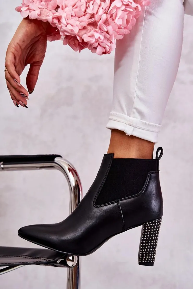 Boto Botki Na Słupku|Czarne Botki*Eleganckie Botki Na Słupku Z Dżetami Czarne Elinor