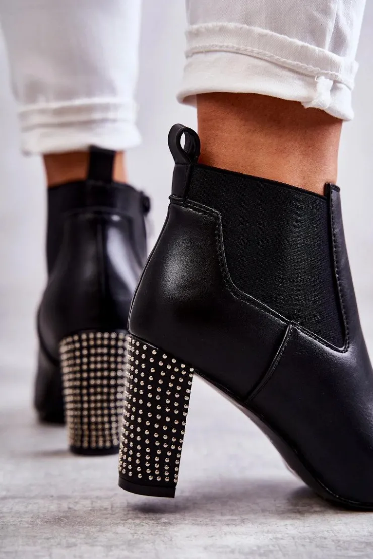 Boto Botki Na Słupku|Czarne Botki*Eleganckie Botki Na Słupku Z Dżetami Czarne Elinor