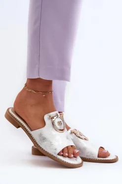 Damskie buty S.Barski Klapki Damskie Klasyczne*Eleganckie Błyszczące Klapki Damskie Z Ozdobą S.Barski KV27-032 Srebrne