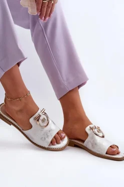 Damskie buty S.Barski Klapki Damskie Klasyczne*Eleganckie Błyszczące Klapki Damskie Z Ozdobą S.Barski KV27-032 Srebrne