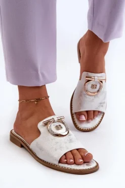 Damskie buty S.Barski Klapki Damskie Klasyczne*Eleganckie Błyszczące Klapki Damskie Z Ozdobą S.Barski KV27-032 Srebrne