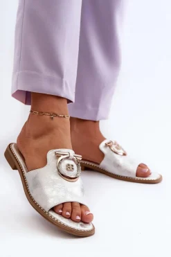 Damskie buty S.Barski Klapki Damskie Klasyczne*Eleganckie Błyszczące Klapki Damskie Z Ozdobą S.Barski KV27-032 Srebrne