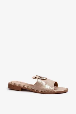 Clearance Damskie buty S.Barski Eleganckie Błyszczące Klapki Damskie Z Ozdobą S.Barski KV27-032 Złote