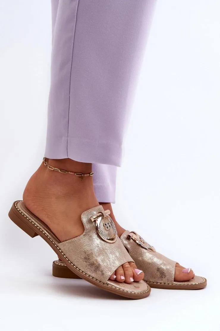 Clearance Damskie buty S.Barski Eleganckie Błyszczące Klapki Damskie Z Ozdobą S.Barski KV27-032 Złote