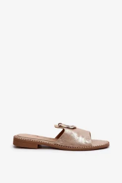 Clearance Damskie buty S.Barski Eleganckie Błyszczące Klapki Damskie Z Ozdobą S.Barski KV27-032 Złote