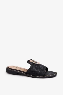 Damskie Damskie buty S.Barski Eleganckie Błyszczące Klapki Damskie Z Ozdobą S.Barski KV27-032 Czarne