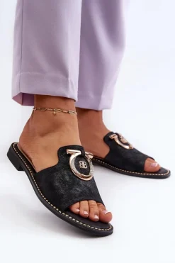 Damskie Damskie buty S.Barski Eleganckie Błyszczące Klapki Damskie Z Ozdobą S.Barski KV27-032 Czarne