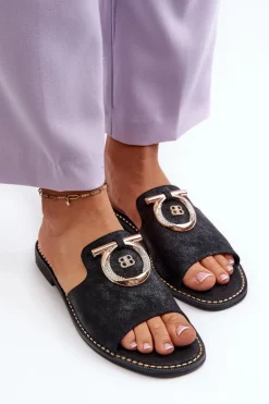 Damskie Damskie buty S.Barski Eleganckie Błyszczące Klapki Damskie Z Ozdobą S.Barski KV27-032 Czarne