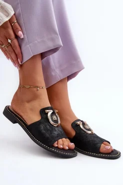 Damskie Damskie buty S.Barski Eleganckie Błyszczące Klapki Damskie Z Ozdobą S.Barski KV27-032 Czarne