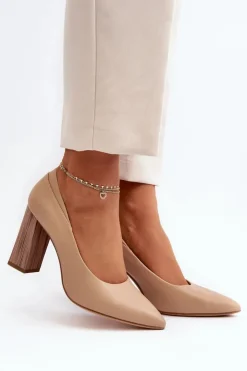 Damskie Buty Sergio Leone Eleganckie Czółenka Na Ozdobnym Słupku Sergio Leone PB217 Ciemnobeżowe