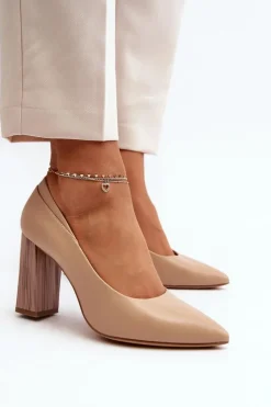 Damskie Buty Sergio Leone Eleganckie Czółenka Na Ozdobnym Słupku Sergio Leone PB217 Ciemnobeżowe