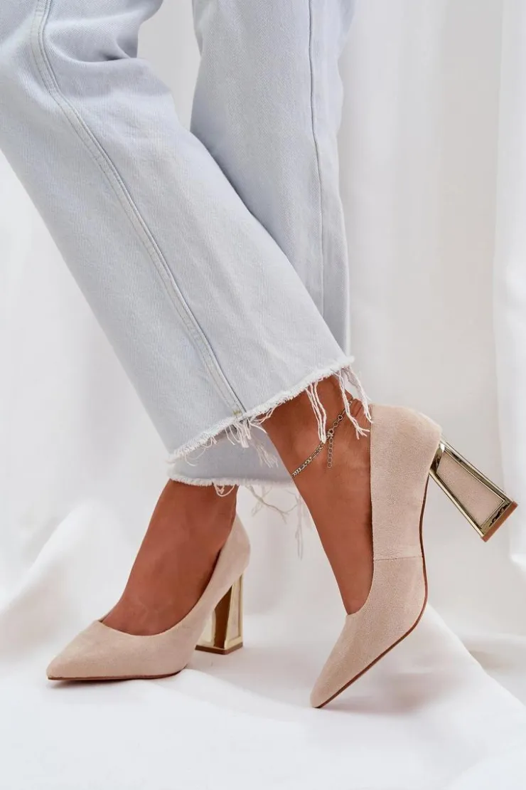 Boto Czółenka Klasyczne*Eleganckie Czółenka Na Słupku Szpiczaste Noski Beżowe Falseki