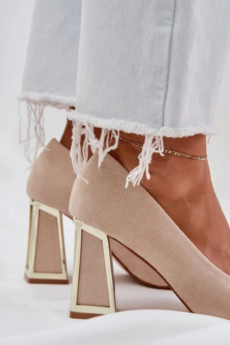 Boto Czółenka Klasyczne*Eleganckie Czółenka Na Słupku Szpiczaste Noski Beżowe Falseki