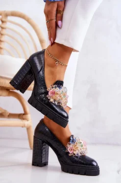 Online Boto Eleganckie Czółenka Z Ozdobą Wężowe Czarne Caterine