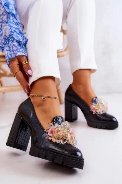 Online Boto Eleganckie Czółenka Z Ozdobą Wężowe Czarne Caterine