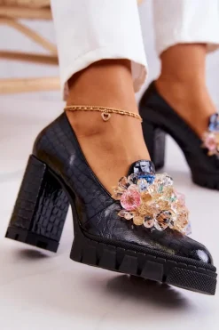 Online Boto Eleganckie Czółenka Z Ozdobą Wężowe Czarne Caterine