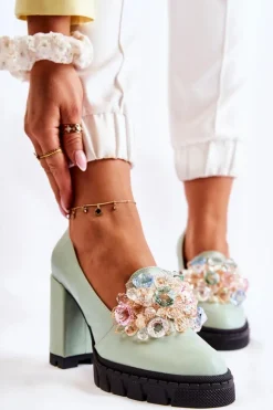 Boto Czółenka Na Platformie|Czółenka Na Słupku*Eleganckie Czółenka Z Ozdobą Gładkie Zielone Caterine - Czarna Podeszwa