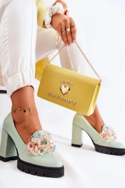 Boto Czółenka Na Platformie|Czółenka Na Słupku*Eleganckie Czółenka Z Ozdobą Gładkie Zielone Caterine - Czarna Podeszwa