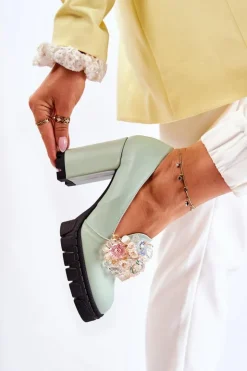 Boto Czółenka Na Platformie|Czółenka Na Słupku*Eleganckie Czółenka Z Ozdobą Gładkie Zielone Caterine - Czarna Podeszwa