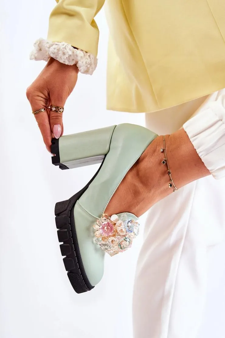 Boto Czółenka Na Platformie|Czółenka Na Słupku*Eleganckie Czółenka Z Ozdobą Gładkie Zielone Caterine - Czarna Podeszwa