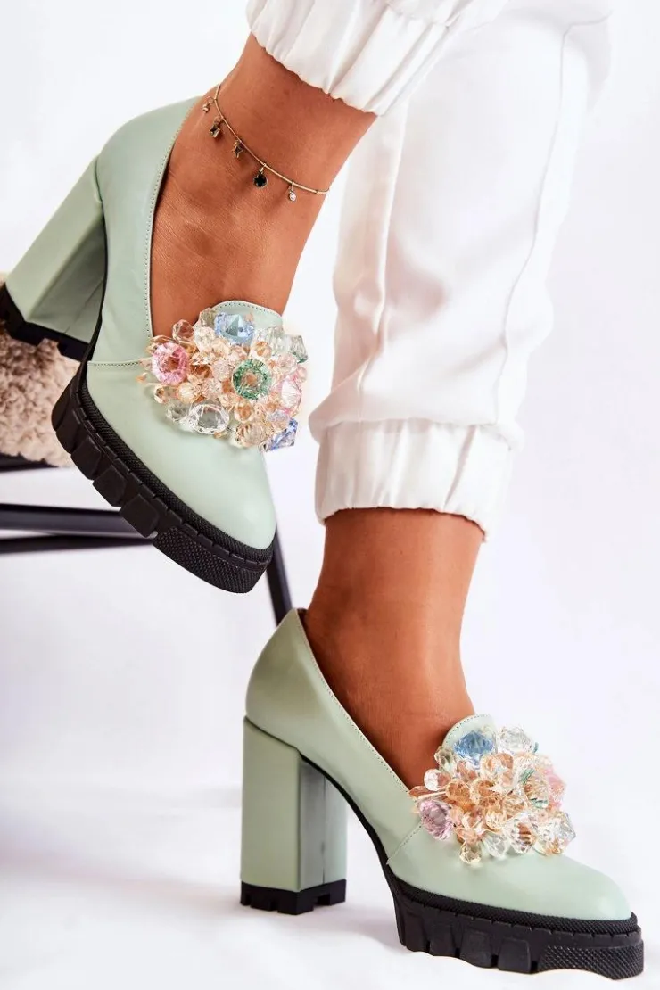 Boto Czółenka Na Platformie|Czółenka Na Słupku*Eleganckie Czółenka Z Ozdobą Gładkie Zielone Caterine - Czarna Podeszwa