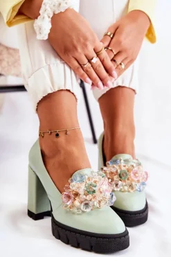 Boto Czółenka Na Platformie|Czółenka Na Słupku*Eleganckie Czółenka Z Ozdobą Gładkie Zielone Caterine - Czarna Podeszwa