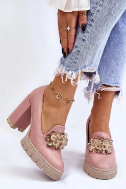 Boto Czółenka Na Platformie|Czółenka Na Słupku*Eleganckie Czółenka Z Ozdobą Gładkie Różowe Caterine