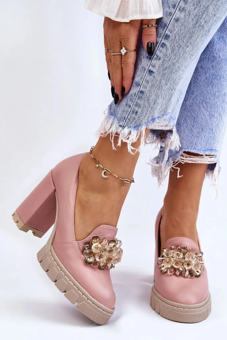 Boto Czółenka Na Platformie|Czółenka Na Słupku*Eleganckie Czółenka Z Ozdobą Gładkie Różowe Caterine