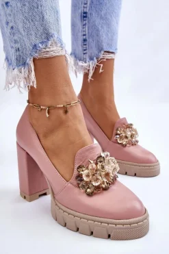 Boto Czółenka Na Platformie|Czółenka Na Słupku*Eleganckie Czółenka Z Ozdobą Gładkie Różowe Caterine