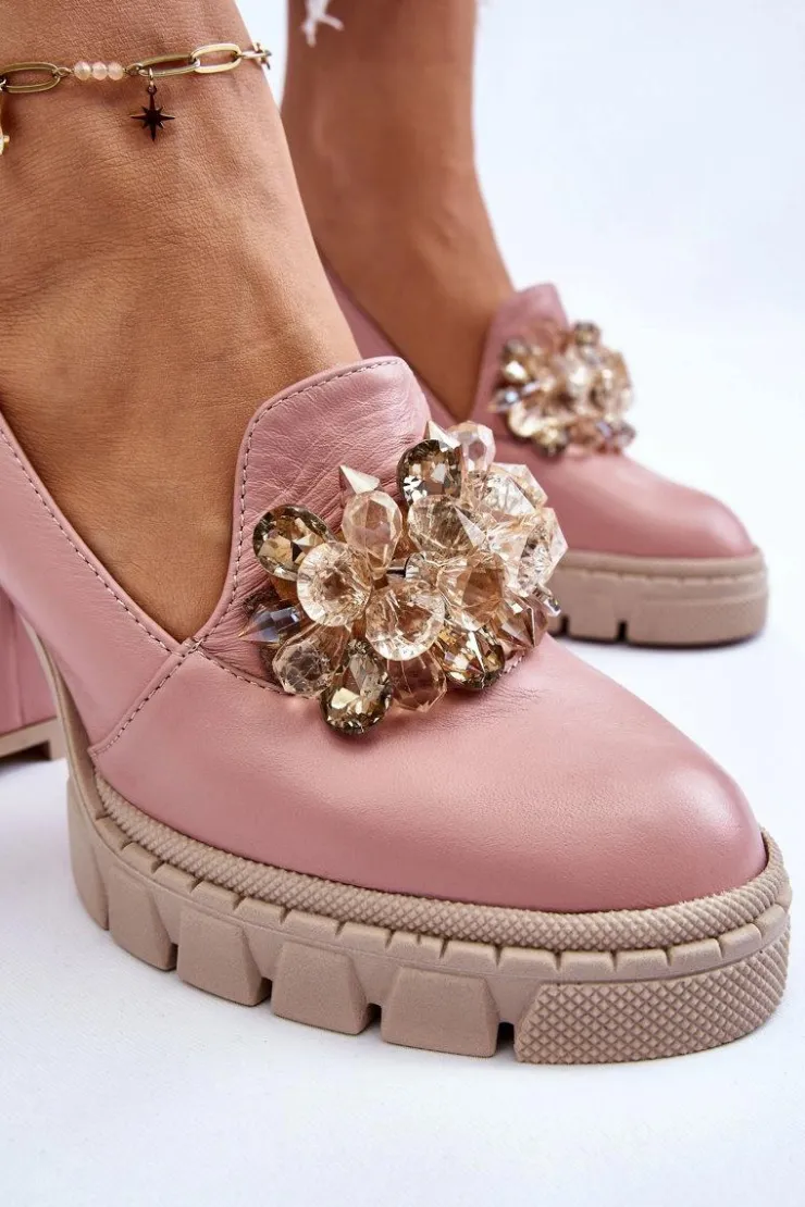 Boto Czółenka Na Platformie|Czółenka Na Słupku*Eleganckie Czółenka Z Ozdobą Gładkie Różowe Caterine