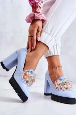 Damskie Boto Eleganckie Czółenka Z Ozdobą Gładkie Niebieskie Caterine