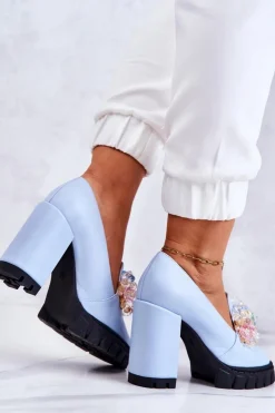 Damskie Boto Eleganckie Czółenka Z Ozdobą Gładkie Niebieskie Caterine