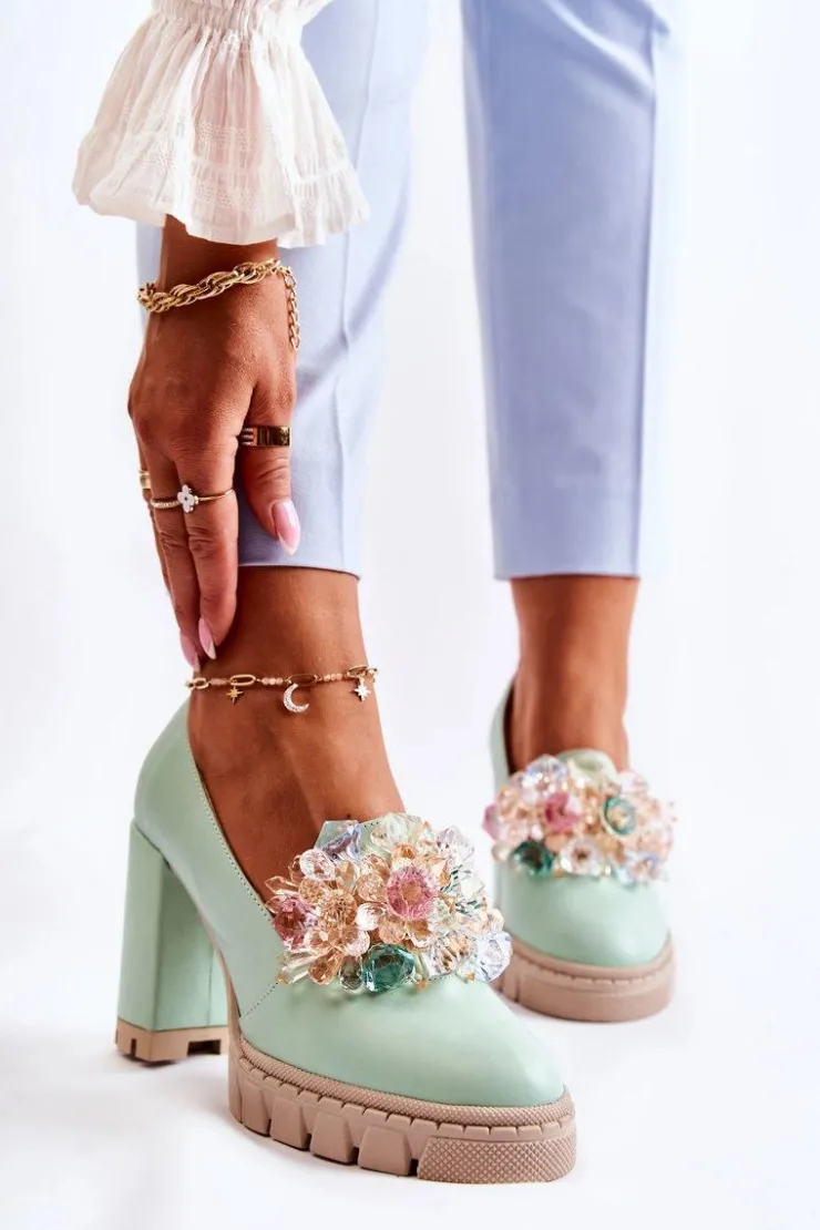 Boto Czółenka Na Platformie|Czółenka Na Słupku*Eleganckie Czółenka Z Ozdobą Gładkie Zielone Caterine