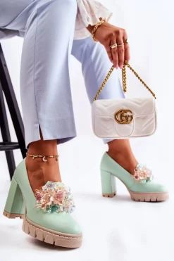 Boto Czółenka Na Platformie|Czółenka Na Słupku*Eleganckie Czółenka Z Ozdobą Gładkie Zielone Caterine