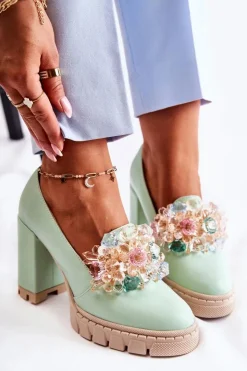 Boto Czółenka Na Platformie|Czółenka Na Słupku*Eleganckie Czółenka Z Ozdobą Gładkie Zielone Caterine