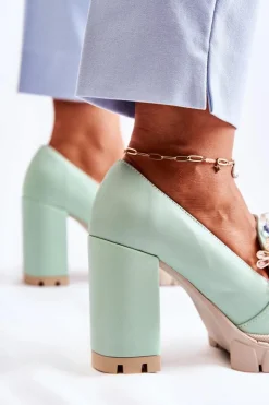 Boto Czółenka Na Platformie|Czółenka Na Słupku*Eleganckie Czółenka Z Ozdobą Gładkie Zielone Caterine