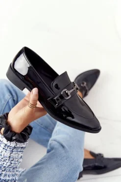 Discount Damskie buty S.Barski Eleganckie Damskie Mokasyny S.Barski Lakierowane Czarne