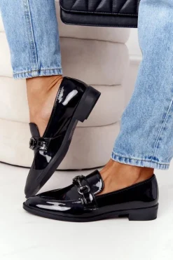 Discount Damskie buty S.Barski Eleganckie Damskie Mokasyny S.Barski Lakierowane Czarne