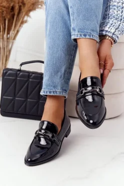 Discount Damskie buty S.Barski Eleganckie Damskie Mokasyny S.Barski Lakierowane Czarne