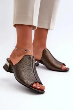 Discount Maciejka Eleganckie Klapki Damskie Ze Skóry Naturalnej Na Niskim Obcasie 06360-20 Grafitowe