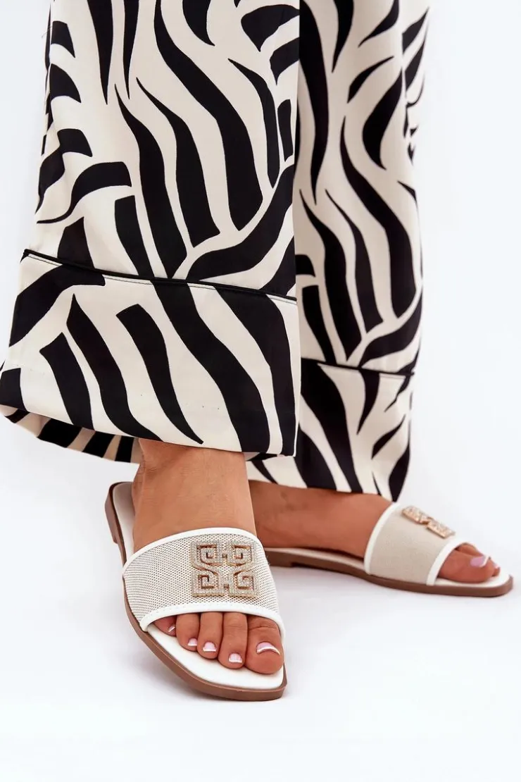 Damskie Boto Eleganckie Klapki Damskie Z Ozdobą Na Płaskim Obcasie Białe Lovehia