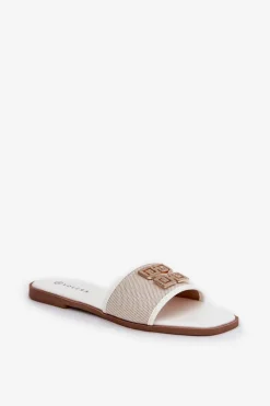 Damskie Boto Eleganckie Klapki Damskie Z Ozdobą Na Płaskim Obcasie Białe Lovehia