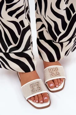 Damskie Boto Eleganckie Klapki Damskie Z Ozdobą Na Płaskim Obcasie Białe Lovehia