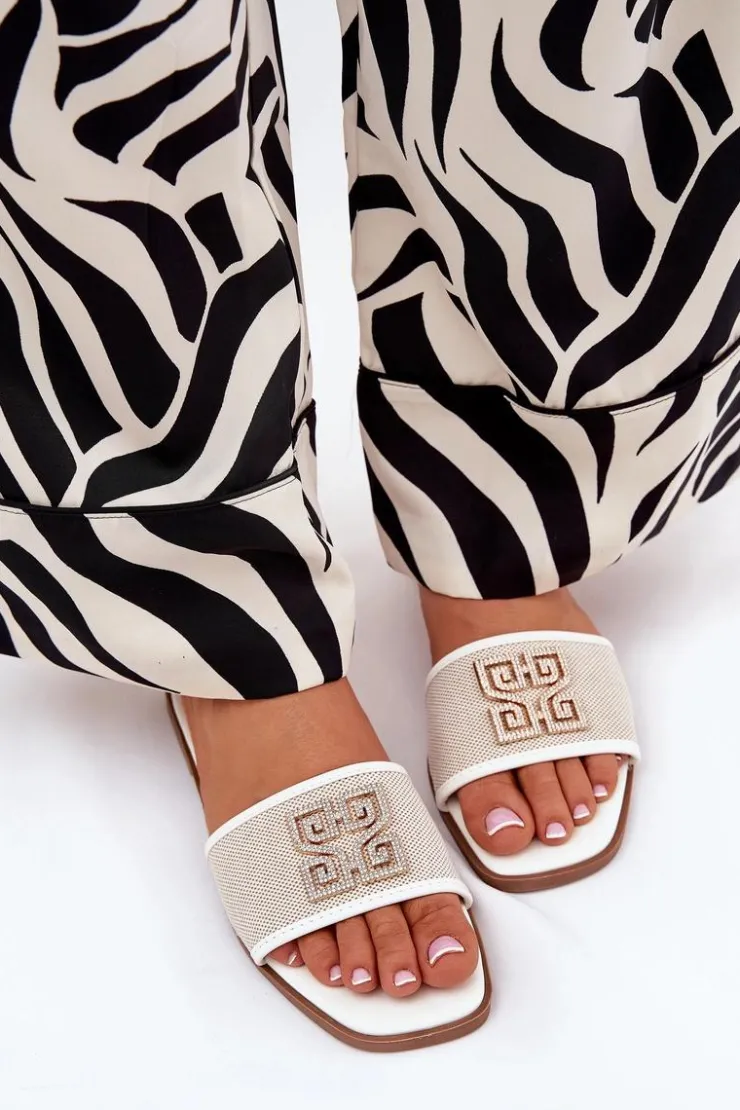 Damskie Boto Eleganckie Klapki Damskie Z Ozdobą Na Płaskim Obcasie Białe Lovehia