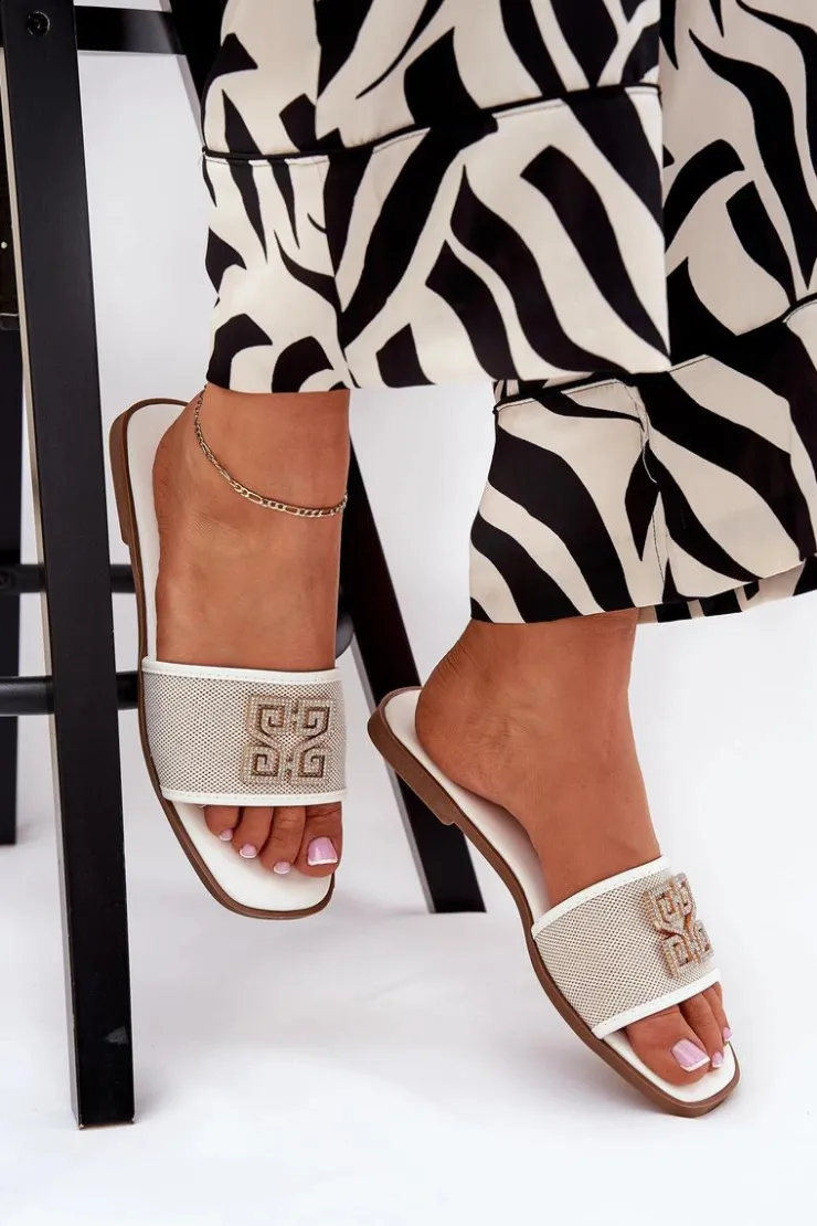 Damskie Boto Eleganckie Klapki Damskie Z Ozdobą Na Płaskim Obcasie Białe Lovehia