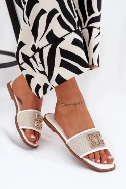 Damskie Boto Eleganckie Klapki Damskie Z Ozdobą Na Płaskim Obcasie Białe Lovehia