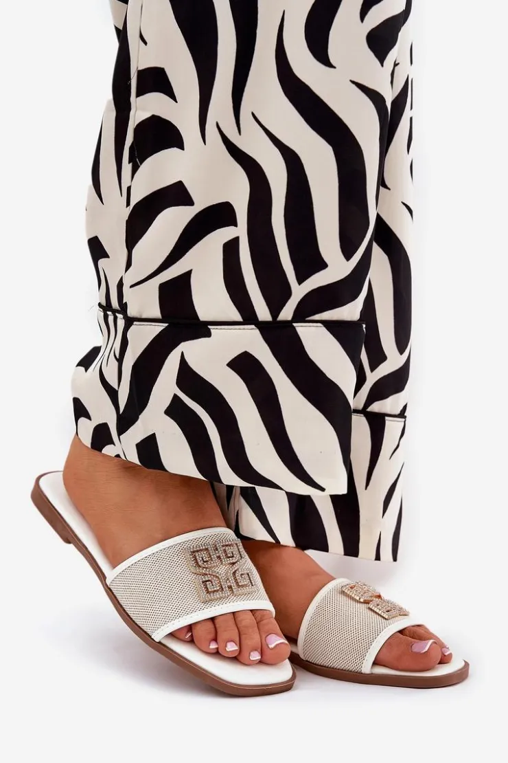 Damskie Boto Eleganckie Klapki Damskie Z Ozdobą Na Płaskim Obcasie Białe Lovehia