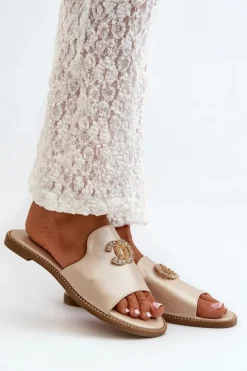 Damskie buty S.Barski Klapki Damskie Klasyczne*Eleganckie Klapki Damskie Błyszczące Z Ozdobą S.Barski KV27-050 Złote Złoty