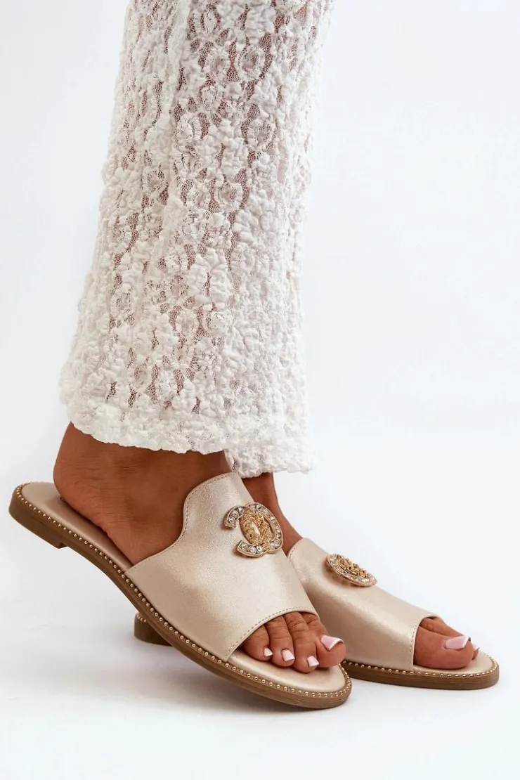 Damskie buty S.Barski Klapki Damskie Klasyczne*Eleganckie Klapki Damskie Błyszczące Z Ozdobą S.Barski KV27-050 Złote Złoty